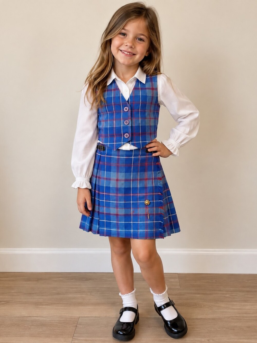 Eaton Vintage Blue Plaid Girls' 6X Two-Piece Vest w Skirt Complete w VTG Pin